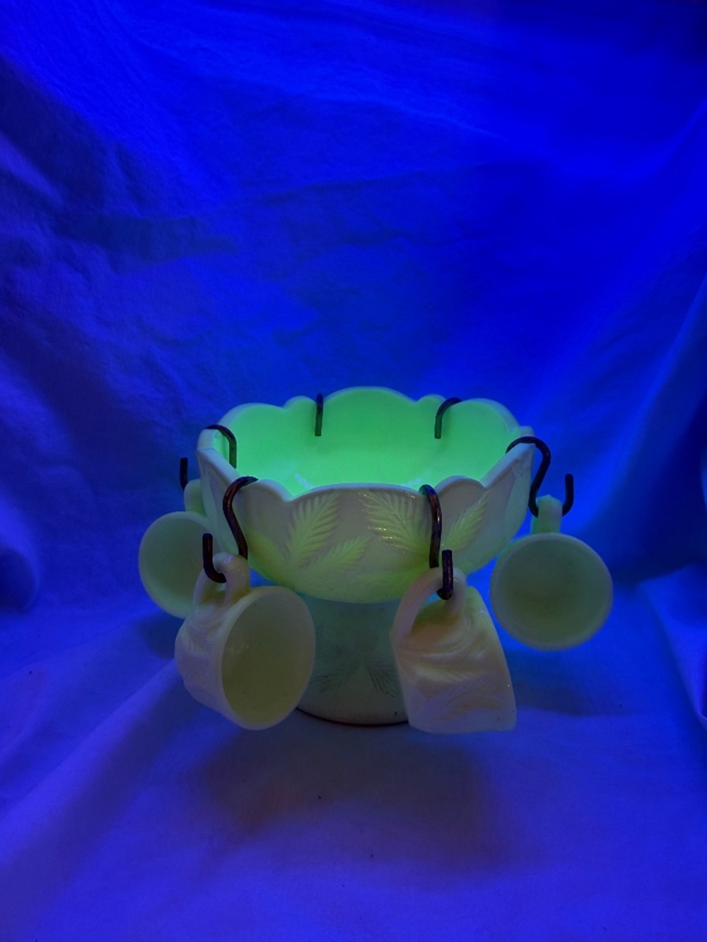 Vintage Uranium Glass Custard Cup Set w/ Pedestal Bowl Stand – Glows Bright Unde